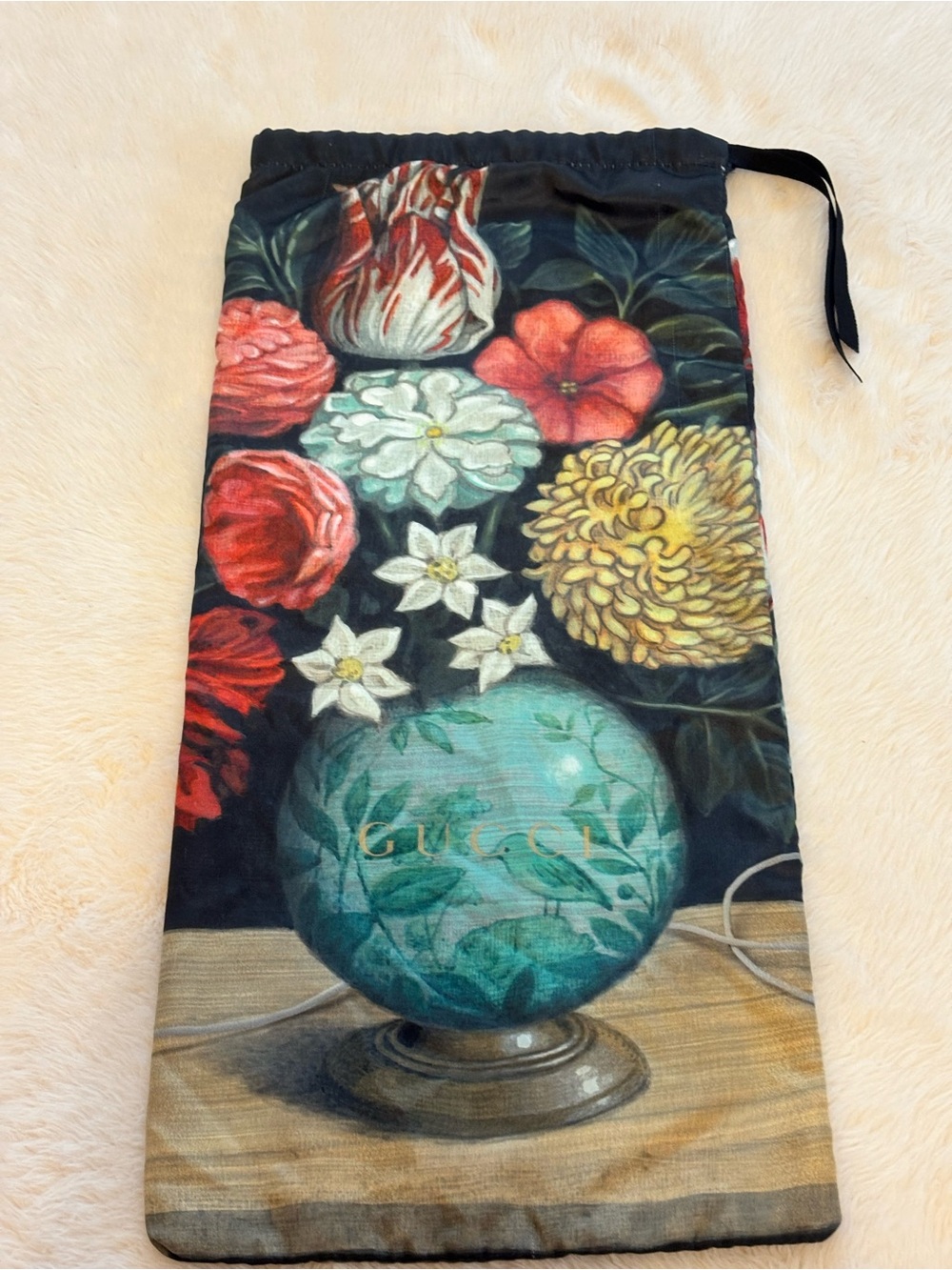 Gucci Black Floral Drawstring Pouch with Teal Globe Motif